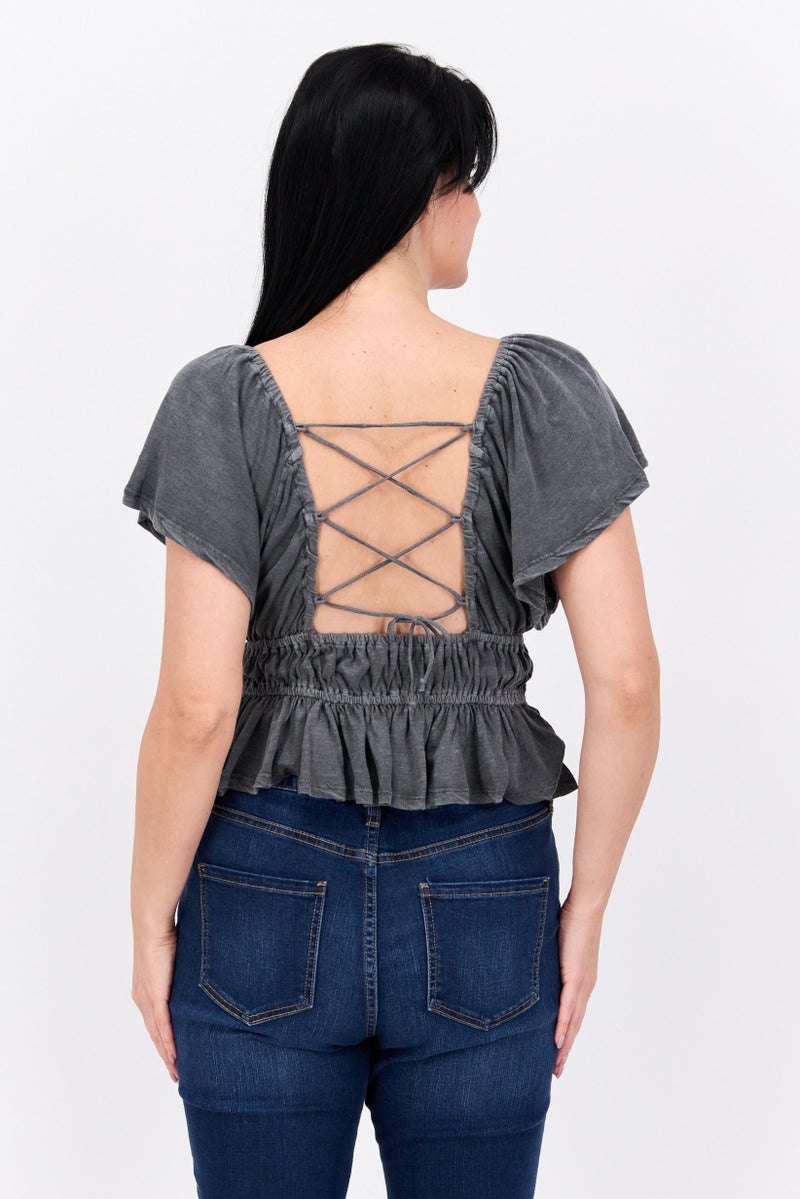 LUCKY BRAND Women Square Neck Short Sleeves Plain Top, Dark Grey - Image 2